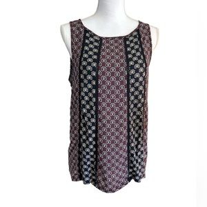 LOFT burgundy/blue print sleeveless blouse with button neck.  Front lace detail.